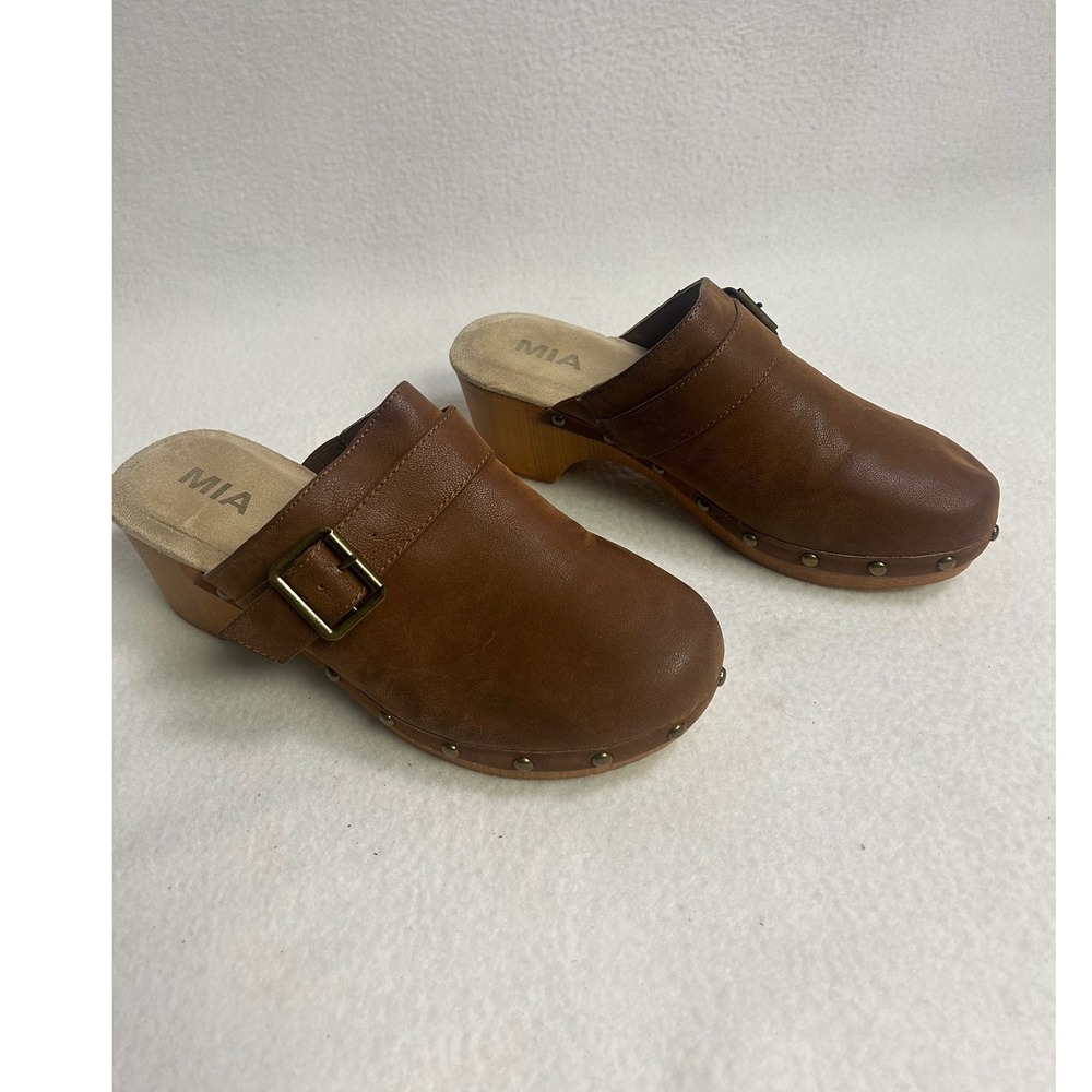 Boho Retro MIA Womens 7.5 Brown Studded Buckle Milou Clog Mules 70s Style